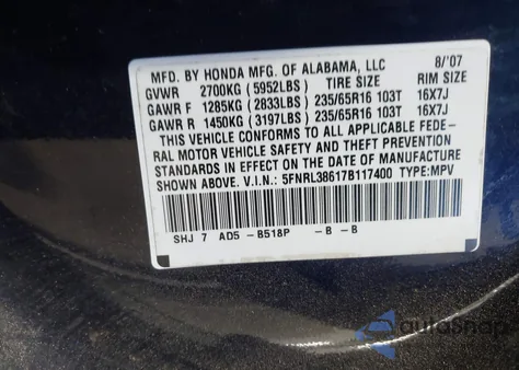2007 Honda Odyssey Ex-L from USA, damaged, VIN 5FNRL38617B117400